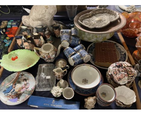 A collection of Royal Doulton character jugs together with a Staffordshire dog, part tea services, glass lamp shade etc