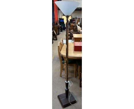 An Art Deco style standard lamp with a opaque glass shade and a chrome column on a square base