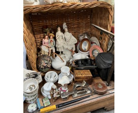 A chrome squirrel nut cracker together with Staffordshire figures, miniatures, binoculars, pestle and mortars, basket etc 