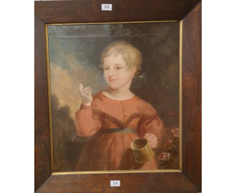19th century British SchoolHead and shoulders portrait of a young child holding a tankardOil on canvas59 x 51.5cm 