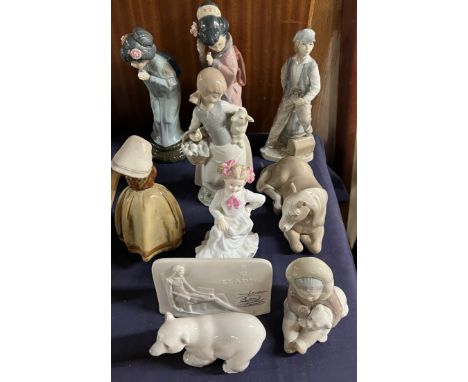 Lladro Japanese girls together with other Lladro figures including a pony, a polar bear, plaque etc 