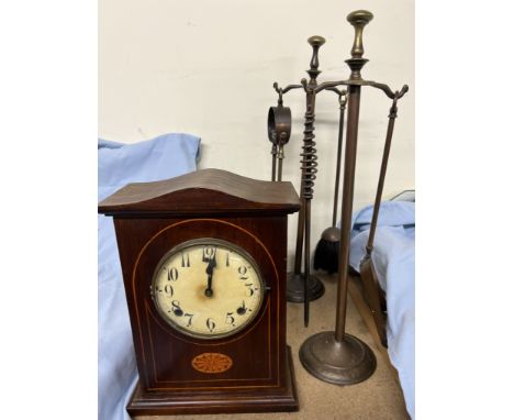 An Edwardian mahogany mantle clock together with two brass fireside tidies