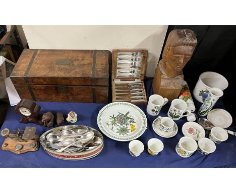 A walnut laptop desk together with black forest bears, letter scales, electroplated flatwares, carved head, Botanic garden po