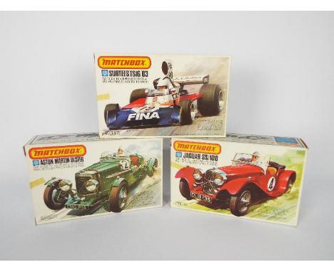 Matchbox - Three boxed 1:32 scale plastic model car kits by Matchbox. Lot consists of PK-301 Aston Martin Ulster; PK-304 Jagu