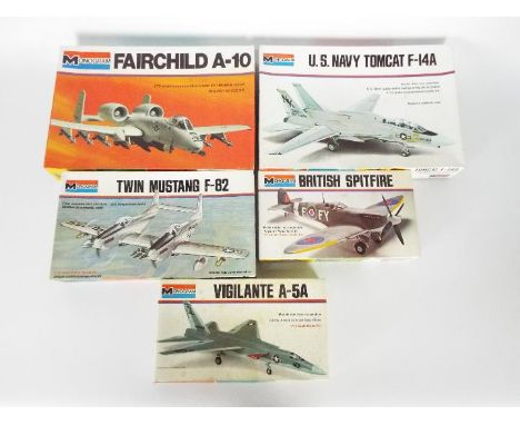 Monogram - Five boxed 1:72 scale plastic model military aircraft model kits by Monogram. Lot consists of #7501 Twin Mustang F