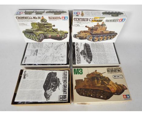 Tamiya - Three boxed Tamiya 1:35 scale plastic model tank kits. Lot contains #35232 Centaur CS Mk.IV British Cruiser Tank; MM