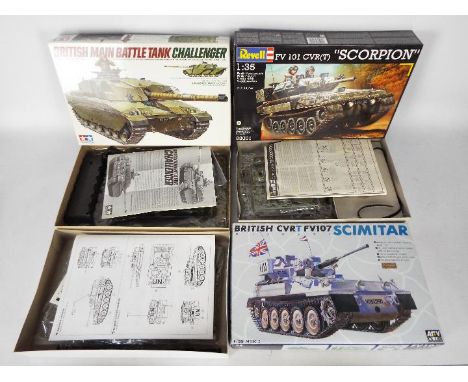 Tamiya, Revell, AFV  - Three boxed 1:35 scale plastic model tank kits. Lot contains Tamiya #35154 British Main Battle Tank Ch