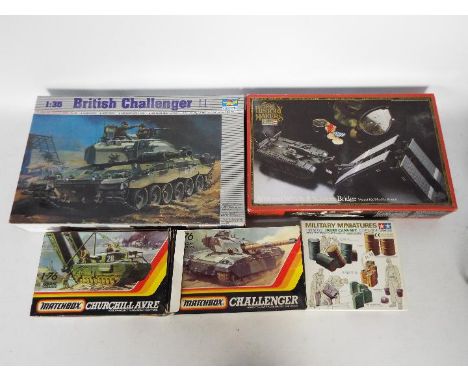 Tamiya, Trumpeter, Matchbox, Revell - A battalion of 5 boxed plastic military model kits in various scales. Lot includes Reve
