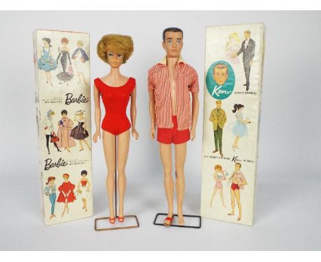 Mattel - Barbie - 2 x boxed original 1962 Barbie and Ken figures. Barbie is number # 850 Ash Blonde Bubble Cut Swimsuit model
