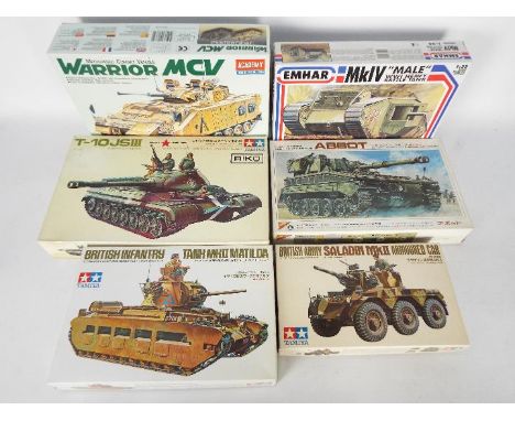 Academy, Emhar,Tamiya, Nichimo - A brigade of six boxed 1:35 scale plastic military vehicle kits. Lot includes Academy #1365 