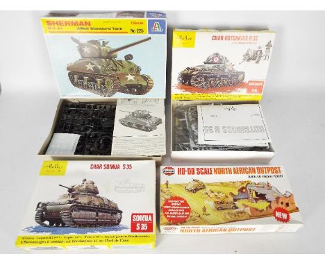 Airfix - Heller - Italeri - 4 x boxed model kits including three 1/35 scale tanks and a 00 scale North African Outpost set. T