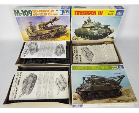 Italeri - Three boxed Italeri 1:35 scale plastic model military vehicle kits. Lot contains of #235 M-109 Howitzer; #219 Crusa