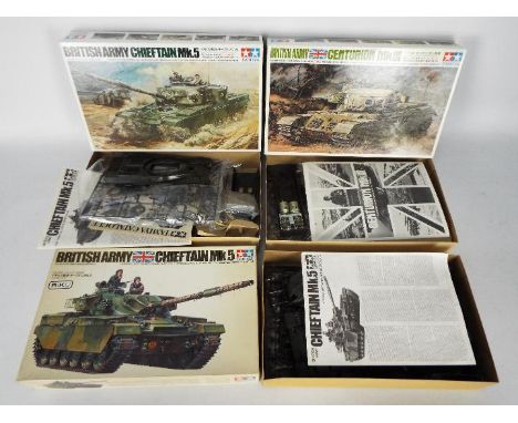 Tamiya - Three boxed Tamiya 1:35 scale plastic model tank kits. Lot contains Tamiya MM168 British Army Main Battle Tank Chief