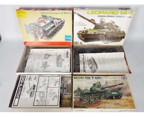 Tamiya, Heller, Revell - Three boxed 1:35 scale plastic model military vehicle kits. Lot contains Heller #787VTB 'Vehicle Tra