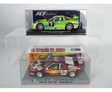 Fly - Two boxed 1:32 scale slot cars from Fly. Lot consists of #99086 Limited Edition BMW M1 La Estacion Del Hobby 'Walter Ma