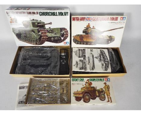 Tamiya - Three boxed Tamiya 1:35 scale plastic model military vehicles. Lot contains Tamiya MM110 Scout Car Daimler Mk.II; MT