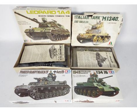 Tamiya - Italeri - 4 x boxed 1:35 scale Tank model kits including # 3559 T34/76, # 3596 Panzer Kampfwagen IV, # H2126 Leopard