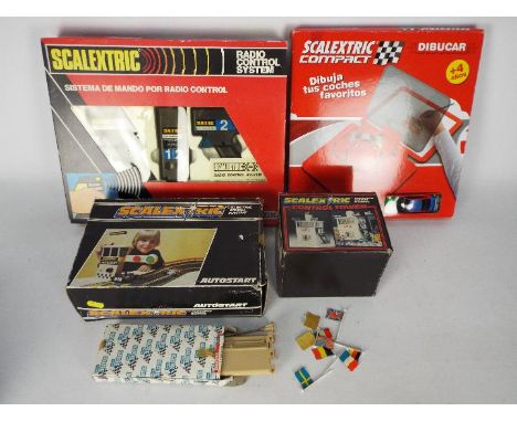 Scalextric, Exin - A collection of Scalextric toys and trackside accessories. Lot includes a Scalextric Compact Dibucar (appe