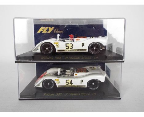 Fly - Two boxed 1:32 scale Porsche Flunder slot cars from Fly. Lot consists of #C44 Porsche 908 1st Brands Hatch 1969; with C