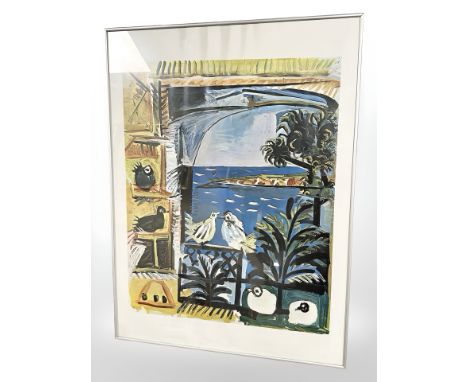 A continental colour print depicting birds in an archway, 61 cm x 81 cm.