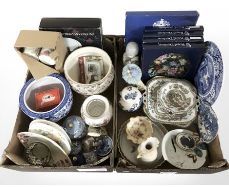 A quantity of Royal Doulton collector's plates, Maling planter, figures, blue and white ceramics, tea china, etc (2 boxes) 