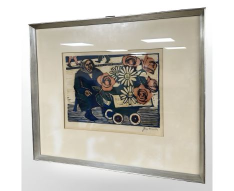 A continental colour print depicting a figure selling flowers, indistinctly signed, 37 cm x 28 cm.