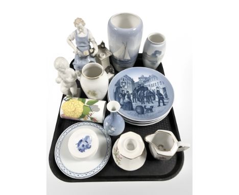 Royal Copenhagen porcelain vases, collectors plates, porcelain figure of a cobbler and other ceramics.