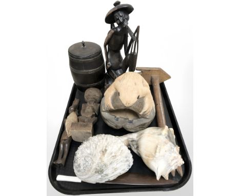A carved coconut ornament, hardwood figures, two sea shells, letter opener, coopered wooden barrel etc 