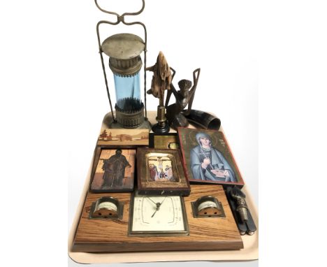 A group of reproduction Russian style icons, combination barometer, hygrometer on plaque etc 