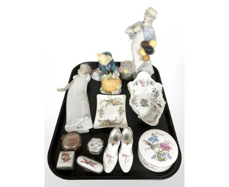 A group of figurines including Royal Doulton Covent Garden HN 2857, Coalport Christmas Glee, limited edition of 1500, Nao fig