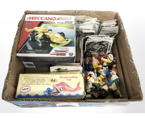 A quantity of cigarette and other cards, Meccano car, Lego figurines etc