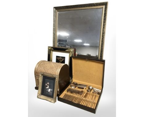 A canteen of brass cutlery, wicker domed hamper, gilt framed print and gilt mirror 102 cm x 71 cm