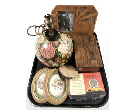 A Swiss oak musical trinket box, photograph of sea captain in wooden frame, Kashmere papier mache lamp base, decorated egg, w