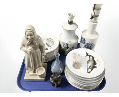 A Royal Copenhagen porcelain lamp base, further lamp base, Kahlea plates depicting fish, Wedgwood jasper ware vase, Royal Cop