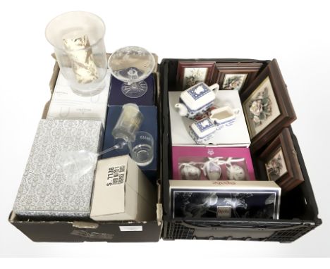 A quantity of boxed brass wares, ceramic still life panels, blue and white tea service, Spode etc (2 boxes) 