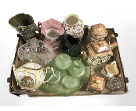 Cottage china, Art Deco green glass table items, Maling lustre jug and vase, crystal basket etc 