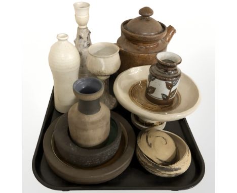 Scandinavian studio pottery bowls, vases, tea pot, a lamp base, etc.