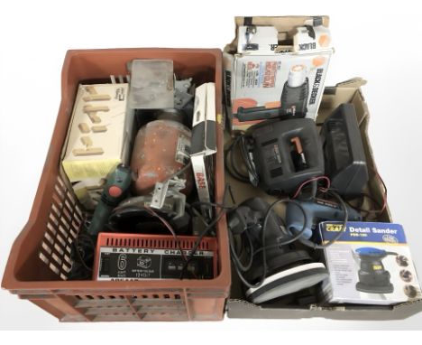 A quantity of power tools including Black & Decker, Powercraft, a bench grinder, etc. (2 boxes)