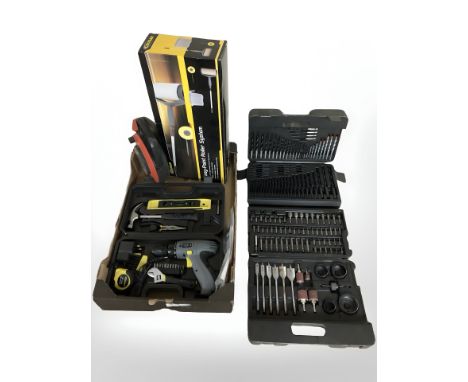 A Cougar paint roller, extension lead, drill bit set, cordless drill, allen keys and other hardware. (1 box)