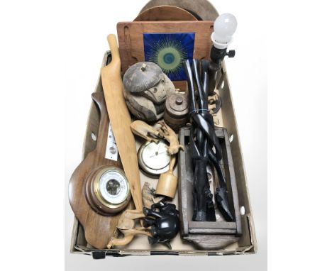 African carved wooden ornaments, turned oak lamp base, barometers, etc. (1 box)