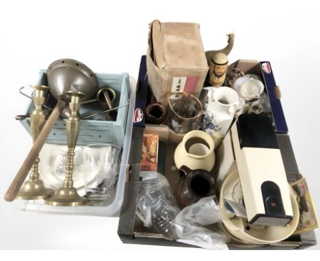 A vintage Kenwood food mixer, kitchen wares and pair of brass candlesticks, poss stick etc (3 boxes) 
