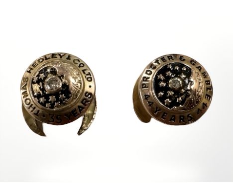 Two 9ct gold and enamel long service lapel pins; Thomas Hedley & Co 35 Years and Proctor & Gamble 44 Years CONDITION REPORT: 