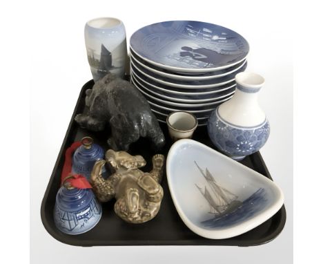 Bing & Grondahl blue and white plates, Royal Copenhagen vases, two figures of bears, Bing & Grondahl hand bells, etc. 