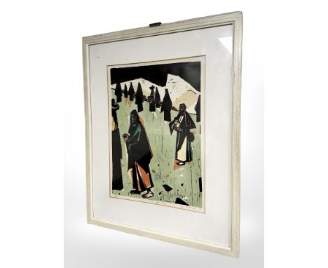A continental colour print depicting figures, 30 cm x 40 cm, indistinctly signed.