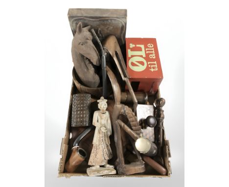 A quantity of treen, carved figures, desk blotter, pipe, etc. (1 box)