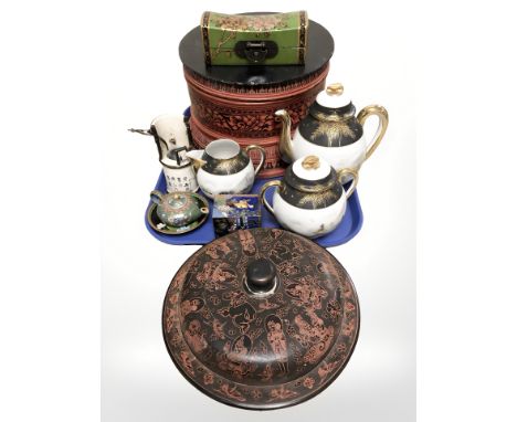 A Japanese export porcelain three piece tea service, Oriental crackle glazed candle holder, Cloisonne items, lacquered pieces