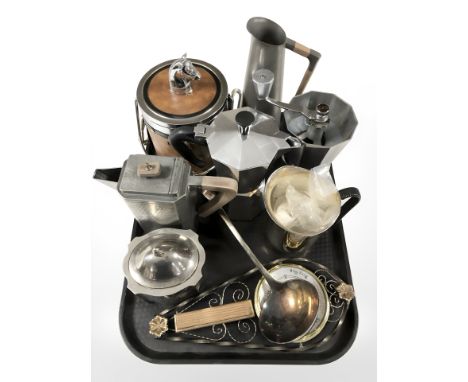 A biscuit barrel with handle, pewter and stainless steel coffee wares, barometer etc 