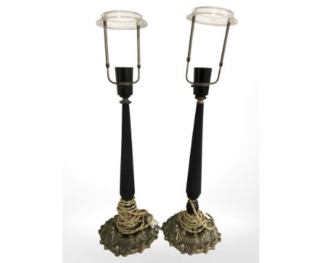 A pair of brass mounted lamp bases, height 56 cm. (continental plugs)