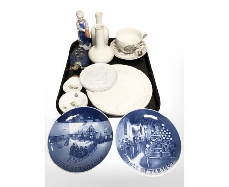 A group of Bing and Grondhal blue and white porcelain plates, Royal Copenhagen vases, pin dishes etc 