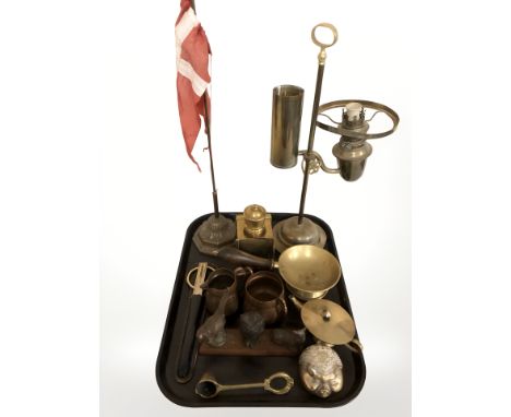 A group of brass wares, rise and fall lamp, Danish desk flagpole, copper twin handled pot and jug, etc.